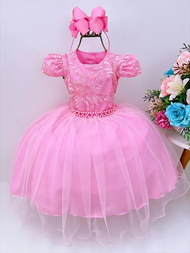 Vestido Infantil Azul C/ Renda Cinto Pérolas Strass Princesa