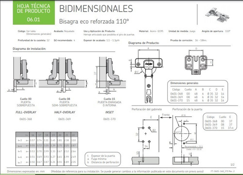 Imagen 2 de 2 de Bisagra Bidimensional Cobertura Media Cerrajes (10 Juegos)