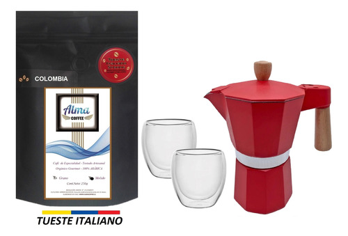 Pack Café Especialidad Strong + Cafetera Italiana + 2 Tazas