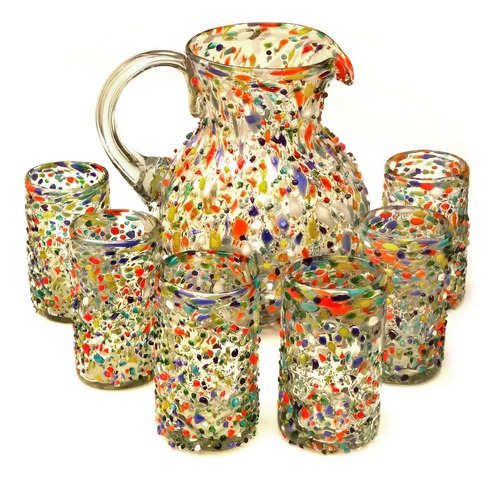 Set Jarra Bola Grande (3.5 Litros) Y 6 Vasos Para Agua (8x13 Cm) Con Pintas Colores - Artesanías De Vidrio Soplado