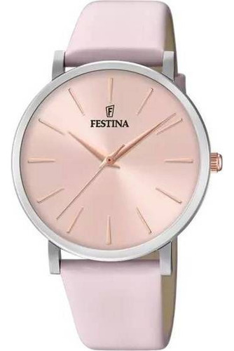 Reloj pulsera Festina Boyfriend F20371 de cuerpo color gris, analógico, para mujer, fondo rosa, con correa de cuero color rosa, agujas color oro rosa, dial oro rosa, bisel color plateado