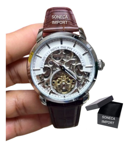 Relógio Patek Prateado Automático Pulseira Couro Marrom Marrom Prateado Branco (Recondicionado)
