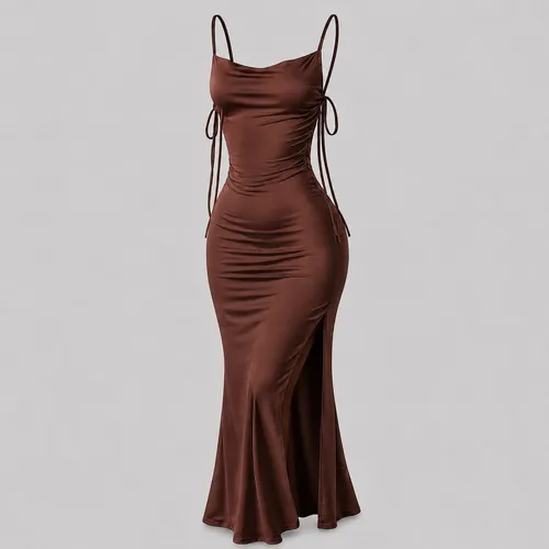 Vestido Justo Longo Costas Nuas Fenda Lateral Colado Preto Marrom Único 36-42