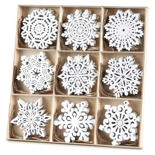 27pcs White Wooden Snowflakes Ornaments, Unfinished Woo...