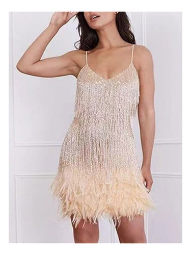 Vestido De Fiesta Con Flecos De Lentejuelas Y Plumas De