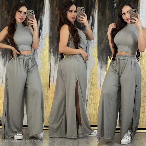 Pantalón Holgado Abertura Pierna Top Crop Dama Set Dos Pieza