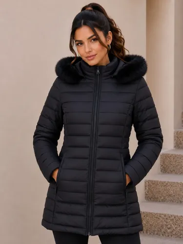 Jaqueta Puffer Feminina Alongada Peluciada Inverno Capuz Pel