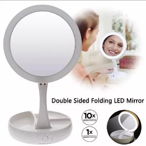 ESPEJO MAQUILLAJE LUZ LED AUMENTO REDONDO PLEGABLE PORTATIL - Zona Select