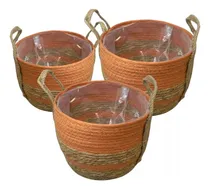 Comprar Set Juego 3 Cestos Junco Con Manijas Decorativo Hogar 