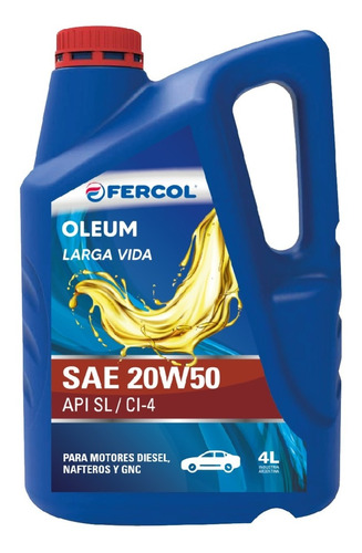 Fercol 20W-50 Aceite  Oleum Mineral Larga Vida  4 Lt 