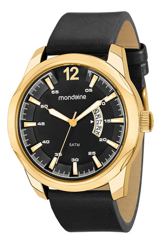 Relógio Masculino Mondaine Dourado E Calendário 99216gpmvdh2 Cor da correia Preto Cor do fundo Preto