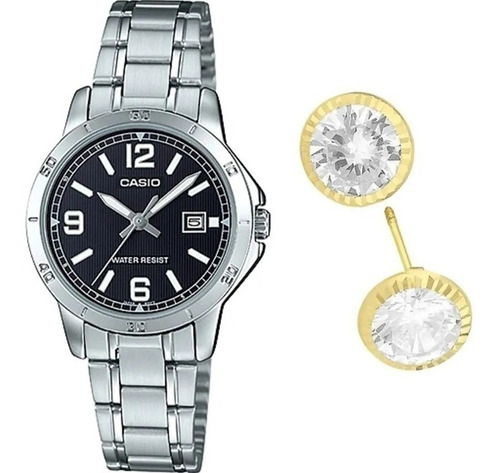 Reloj Casio + Aretes De Plata De Color Del Fondo Ltp-v004d-1b2 Bicel Diamantado
