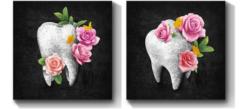 Set 2 Cuadros Decorativos Arte Dental Flores Dentista Canvas