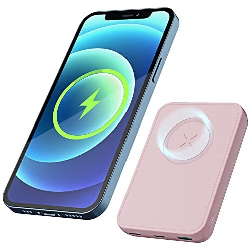 Power Bank 10000mAh LL TRADER com Carregamento Sem Fio Compatível com MagSafe Bateria Portátil para iPhone 12/13/14/15/16 Série/16e com Entrada USB + Type-C Carregador Móvel para Celular cor rosa