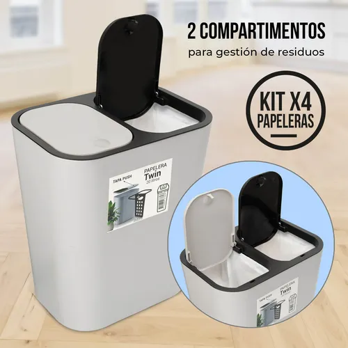 Kit: 4 Papeleras De Basura Doble Compartimiento Sistema Push