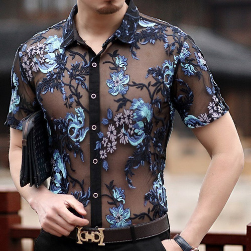 Camisa De Fiesta De Club De Encaje Bordado Para Hombre, Mang