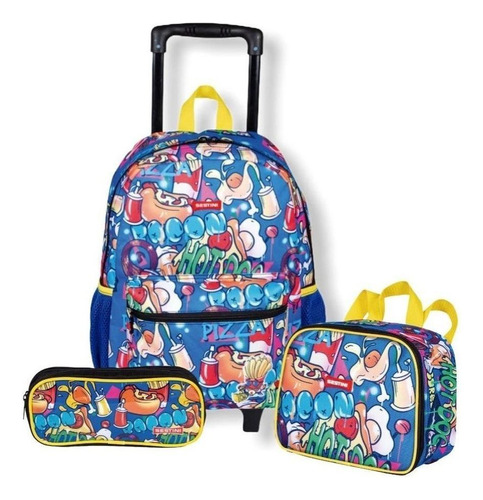 Kit Mochila Escolar Infantil Fast Food Comida Rodinha Tam G