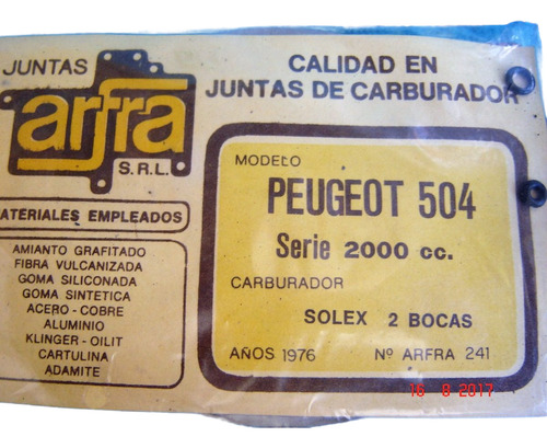 Juego Juntas Carburador Solex 2bocas Peugeot 504 2000cc 1976