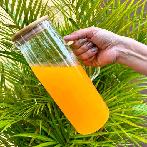 Jarra De Suco Água Em Vidro Resistente Com Tampa Bambu 1,1l