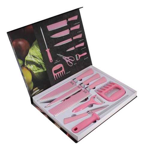 Jogo De Facas Chef Premium 8 Peças De Cozinha Inox Cor Rosa