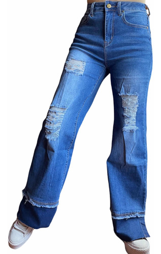 Jeans Wide Leg Elasticado Push Up Pata Ancha Destroyed 