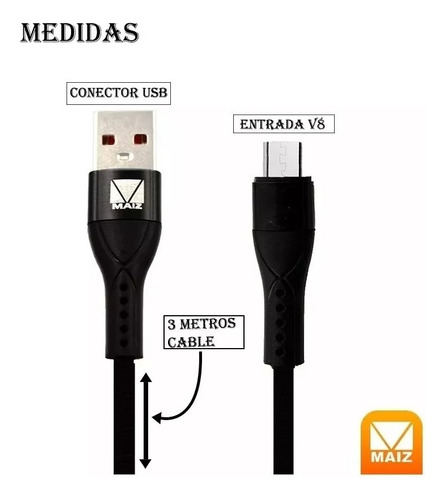 3pz Cable Micro Usb V8 Reforzado Tela Puntas Metálicas 3m