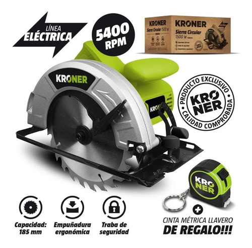 Imagen 2 de 10 de Sierra Circular Mano 1500w Kroner Profesional Disco 185 Mm