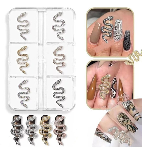 6 Dijes Strass Serpiente 3d Apliques Uñas Decoracion En Caja