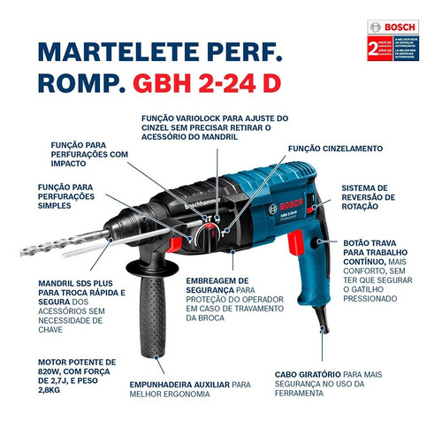 Imagem 3 de 8 de Martelete Bosch Perfurador Rompedor Gbh 2-24d Sds Plus 800w