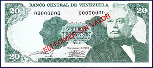 Billete Espécimen Sin Valor 20 Bolívares Septiembre 7 1989