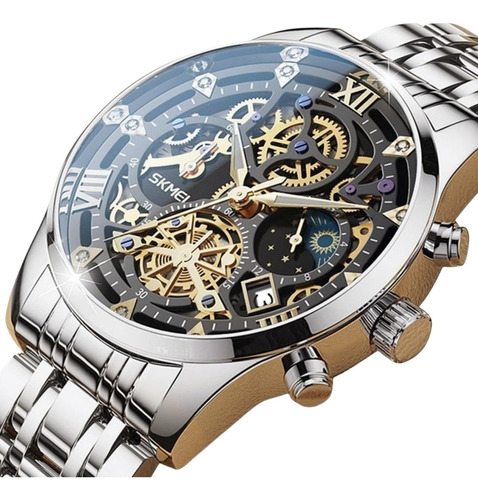 Reloj de pulsera Skmei 7039 de cuerpo color plateado, analógico, para hombre, fondo negro color plateado, agujas color blanco y dorado, dial dorado, bisel color plateado y mariposa
