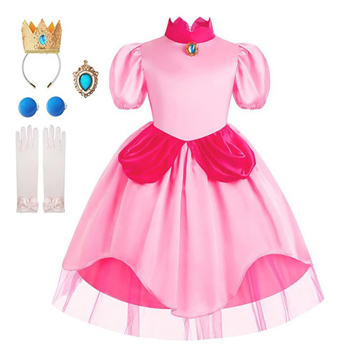 Super Mario Disfraz De Princesa Peach For Niñas Y Niños, Halloween Vestido De Princesa Peach Con Accesorios, Guantes Rosas, Corona Y Pendientes