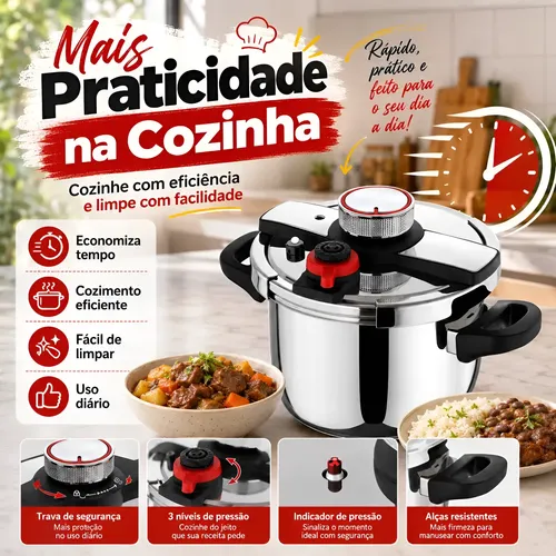 Panela De Pressão Indução E Gás De Aço Inoxidável 6 Litros