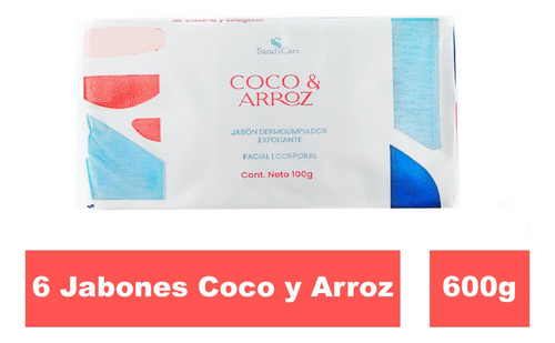 Jabón Artesanal Coco Y Arroz 6 Pz De 100g C/u