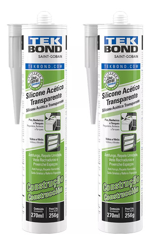 Kit 2 Silicone Acético Transparente Construção 256g Tekbond