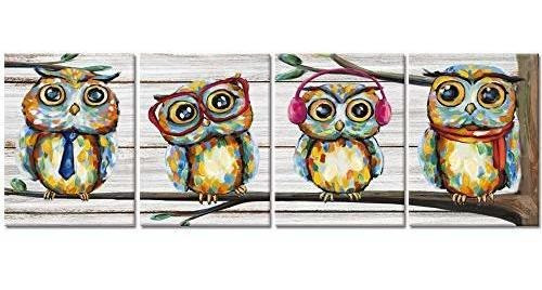 Visual Art Decor 4 Piezas Happy Owl Family Canvas Prints Ani