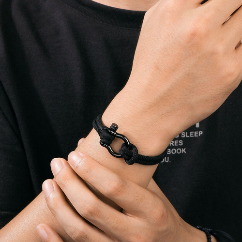 Pulsera Negra De Hombre Con Hebilla Herradura Estilo Rústico