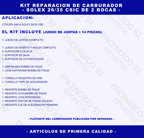 Kit Reparación Carburador - Solex 26/35 Csic Citroen Ami 8