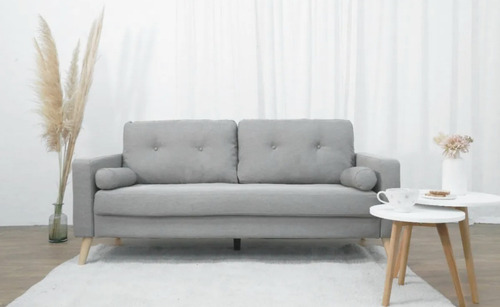 Imagen 2 de 10 de Sillon Brett Sofa 3 Cuerpos Lino Y Madera Nórdico
