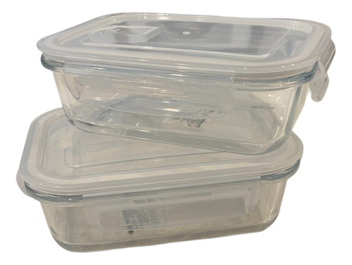 Set X2 Tuppers De Vidrio 620ml Hermetico Rectangular Micrond Blanco