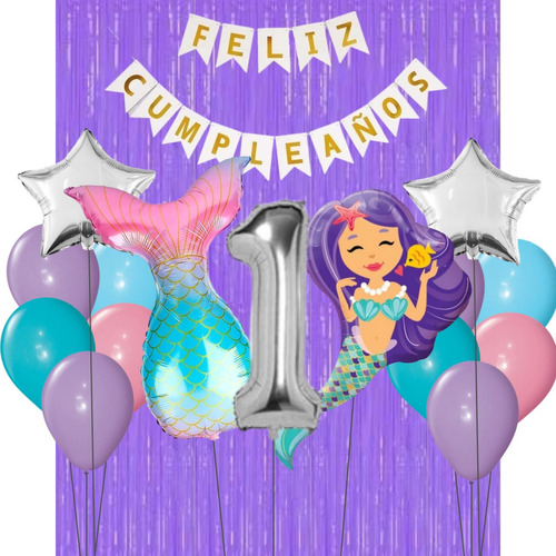 Combo Cumpleaños Globos Tematica Deco Sirena Pelo Violeta