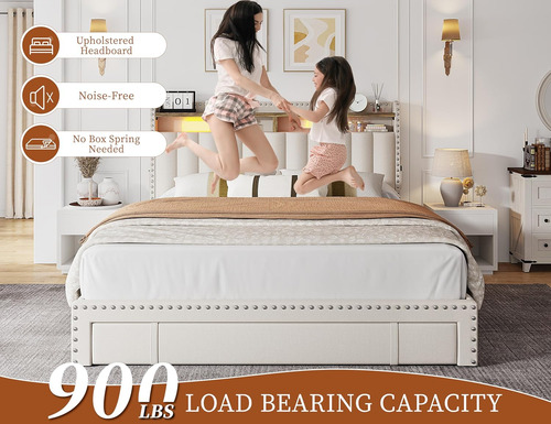 Base De Cama Matrimonial Con Cajones Beige Enhomee