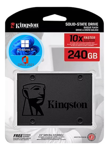 SSD Kingston de 240 GB con Windows 11 instalado y paquete de oficina de color negro