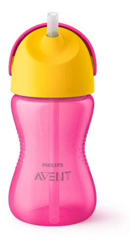 Copo De Treinamento Avent Dinossauro Com Canudo Curvado Antivazamento 300ml - 12m+ Rosa E Amarelo