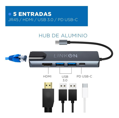 Imagen 2 de 11 de Hub Adaptador Usb Tipo C 5 En 1 Linkon Rj45 Para Mac Windows