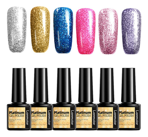 Esmaltes De Uñas Gel Con Purpurina Dorada Plateada 6 Color