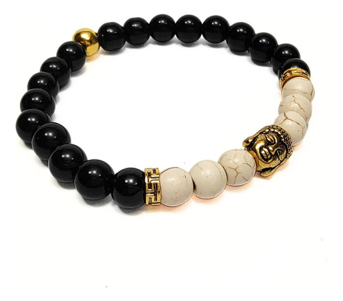 Pulsera De Hombre Piedra Marfil + Dije Buda Oro Antiguo