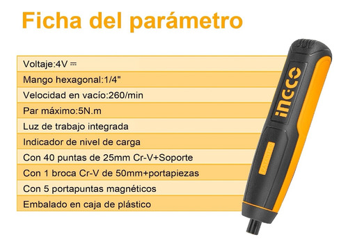 Atornillador De Precisión Ingco 4v + 42 Piezas + Caja Transp