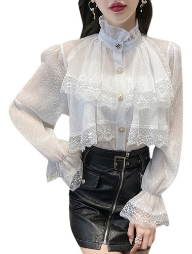 Blusa Blanca Coreana Mujer, Camisa Gasa Con Cuello Levantado