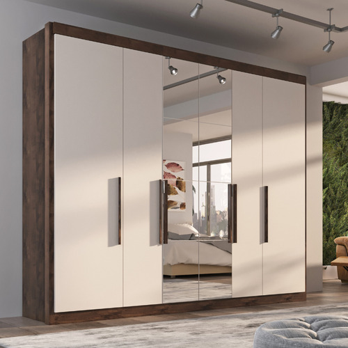 Guarda Roupa Valencia Casal 6 Portas 6 Gav. Com Espelho Cor Chocolate/Off white